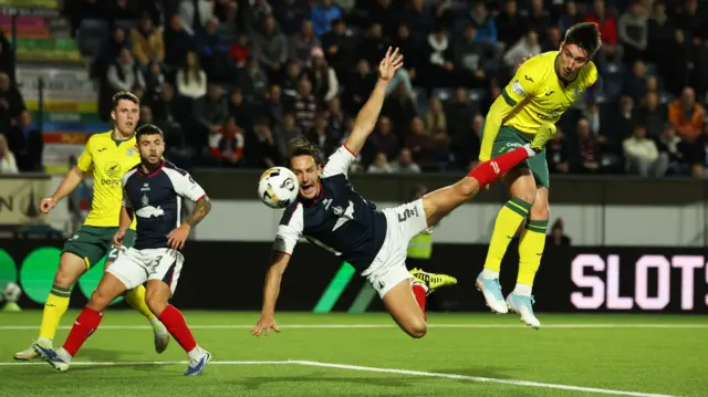 Kieron Bowie with a headed chance for Hibernian against Falkirk
