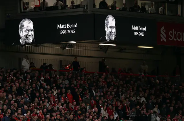 general view inside the stadium as the players of Liverpool and Southampton pause for a minutes' silence in honour of the passing of Matt Beard,