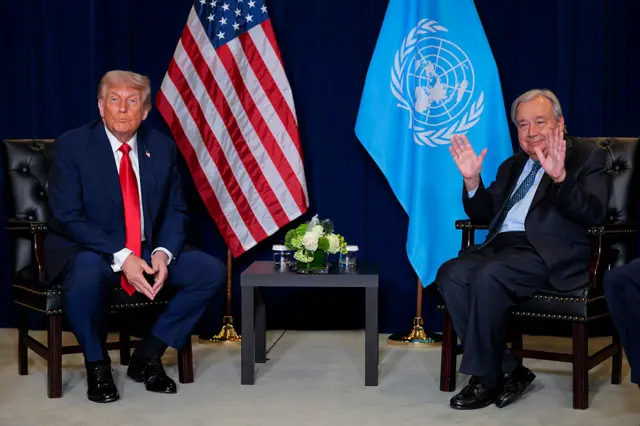 US President Donald Trump (left) meets with United Nations Secretary-General António Guterres during the 80th session of the UN’s General Assembly