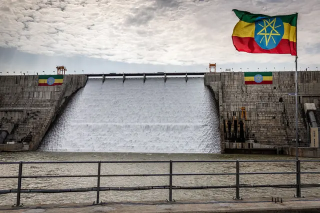 A general view of the Grand Ethiopian Renaissance Dam (GERD) during its official inauguration ceremony in Guba, on September 9, 2025.
