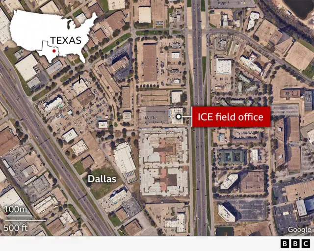A map showing the location of the ICE office in Dallas