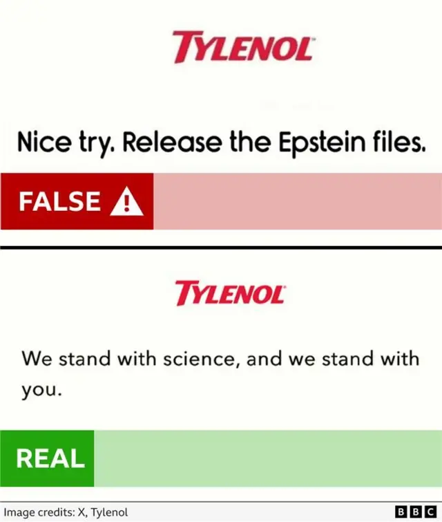 Side by side graphic of the two posts. Both have the Tylenol logo. One labelled "False" also includes the text "Nice try. Release the Epstein files" and the one labelled "Real" says "we stand with science, and we stand with you."