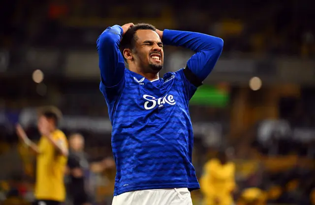 Iliman Ndiaye gets frustrated during Everton's League Cup loss at Wolves
