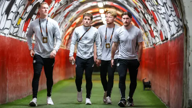 Celtic's Viljami Sinisalo, Luke McCowan, Liam Scales and Anthony Ralston in the famous Rajko Mitic Stadium tunnel