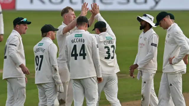 Notts players celebrate a wicket