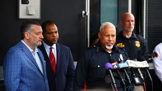 US Senator Ted Cruz, Republican from Texas, Mayor of Dallas Eric Johnson and Dallas Chief of Police Daniel Comeaux speak during a press conference following a shooting at a US Immigration and Customs Enforcement (ICE) detention facility in Dallas