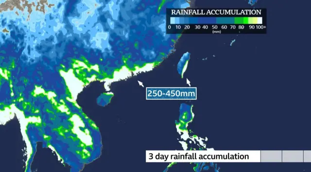 Map showing rainfall, with the heaviest along China's southern coast