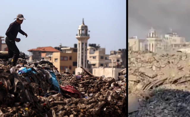 A press photograph captured people searching the dump for food - the minaret is also visible in footage we verified today