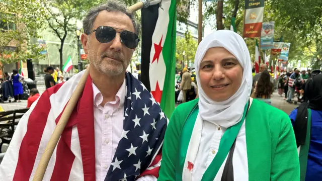 Hoda Kasem (right), outside the UN in New York