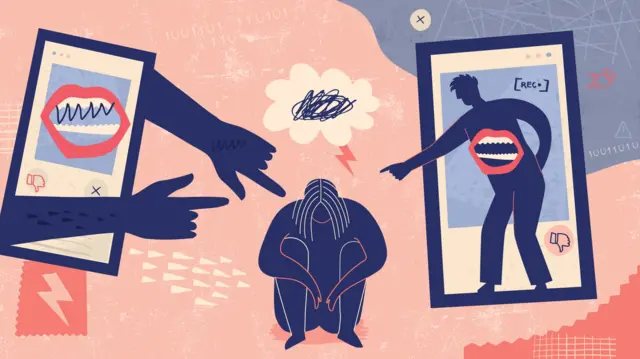 lustration of paper cut out elements, textures and doodles depicting cyber bullying.