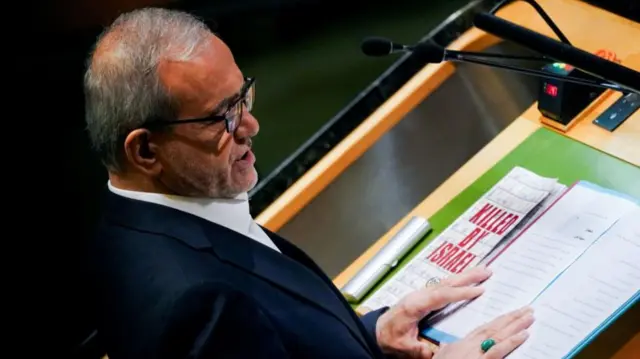 Iran's President Masoud Pezeshkian addresses the United Nations General Assembly