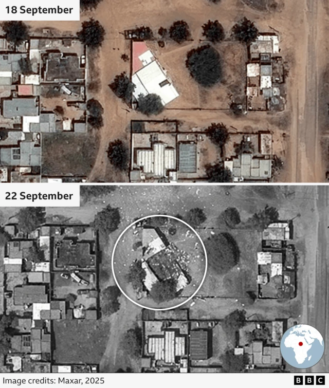 Annotated satellite imagery showing the mosque intact on 18 September and then levelled by 22 September