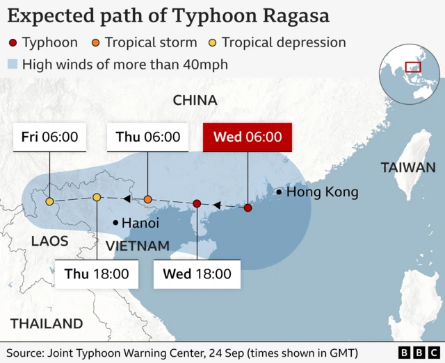 A map showing the expected path of Typhoon Ragasa