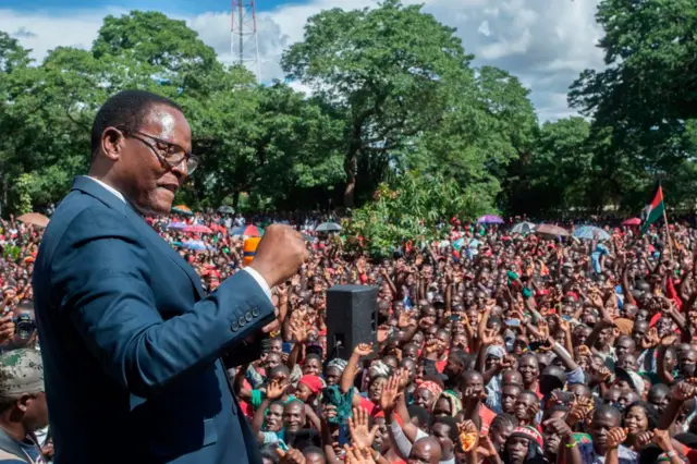 President Lazarus Chakwera addresses supporters during celebrations outside the MCP Headquarters in Lilongwe on February 4, 2020