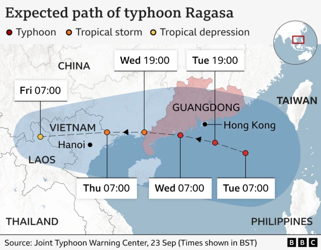 A map showing the expected path of typhoon Ragasa, with Hong Kong, Guangdong province, other parts of southern China and Vietnam and Laos all covered by a patch of darker blue showing the storm's path
