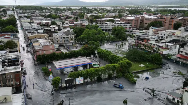 An aerial view shows mud left in the streets as floodwaters recede in Hualien on September 24, 2025, following the bursting of a barrier lake.