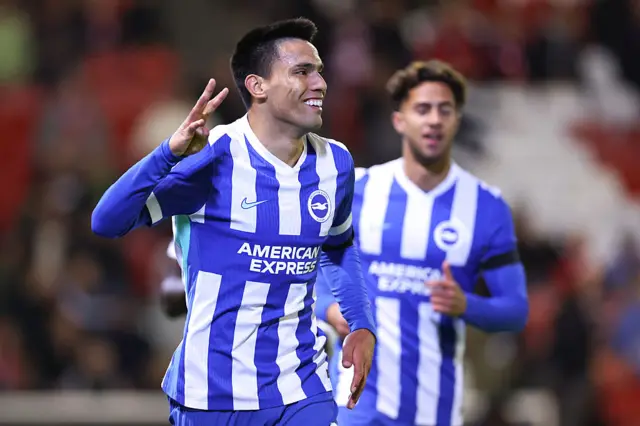 Brighton midfielder Diego Gomez celebrates scoring in the EFL Cup against Barnsley