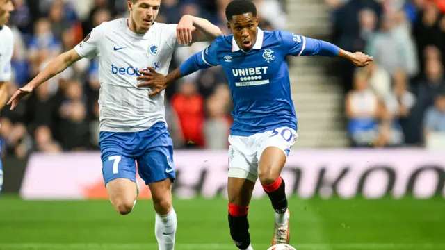 Rangers' Jayden Meghoma and Genk's Jarne Steuckers in action during a UEFA Europa League match between Rangers and KRC Genk at Ibrox Stadium