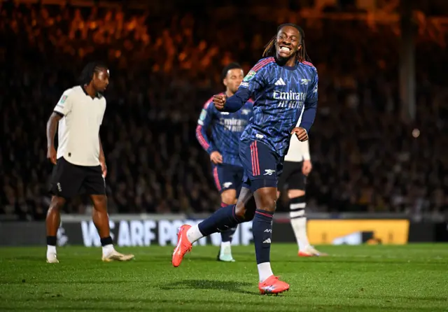 Eberechi Eze celebrates scoring his first Arsenal goal