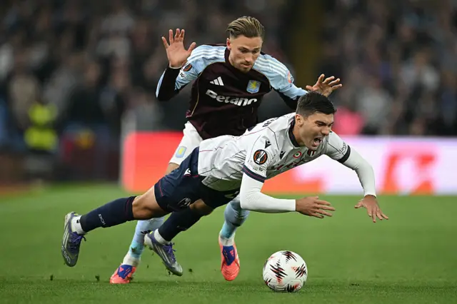 Aston Villa's English-born Polish defender #02 Matty Cash (L) fouls Bologna's Italian striker #28 Nicolo Cambiaghi during the UEFA Europa League, league stage football match between Aston Villa and Bologna at Villa Park