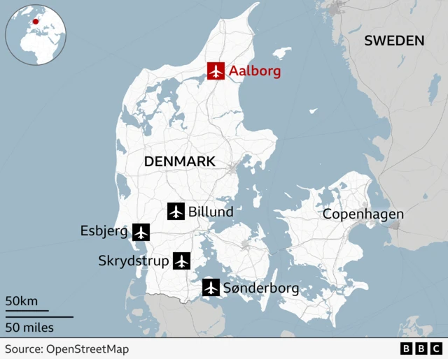 Map showing the location of Aalborg airport in the north of Denmark, as well as the locations of other smaller Danish airports in Esbjerg, Billund, Skrydstrup and Sønderborg, which are all in the south of the country. The capital Copenhagen, on the east of Denmark, is also labelled.