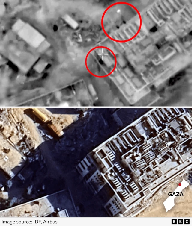 A side-by-side comparison of the IDF video and satellite imagery of al-Shifa hospital