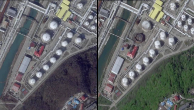 Damage to a large tank following a drone attack on 14 March at the Tuapse refinery