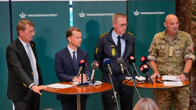 (L-R) Defense Minister Troels Lund Poulsen, Justice Minister Peter Hummelgaard, Chief of Police Thorkild Fogde, and Chief of Defense Michael Hyldgaard