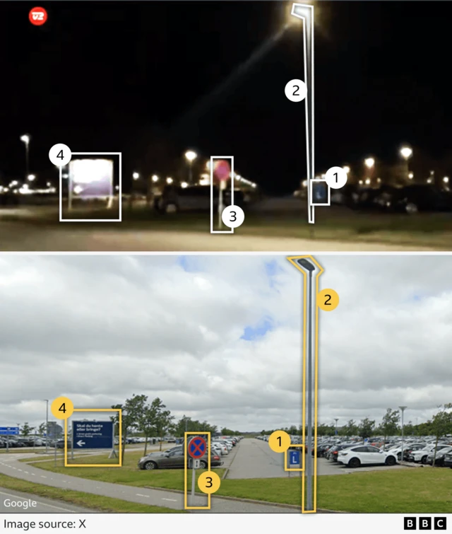 A comparison graphic of two pictures, one from an vidoe on X and the other from google Streetview. They show the same view of a carpark with a lampost and three matching signs highlighted.