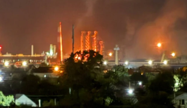 A still image showing flames at the Afipsky oil refinery in Krasnodar Krai, Russia