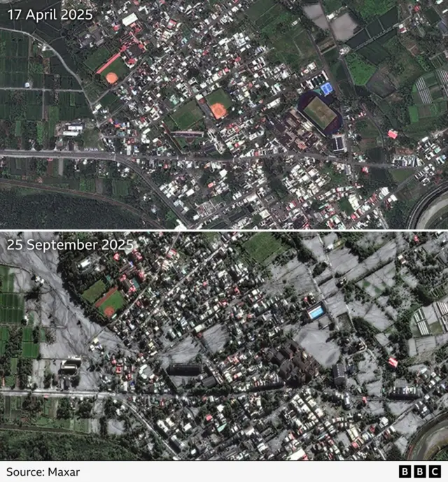 Graphic showing before and after images of Guangfu - mud can be seen in and around the town in the later satellite imagery