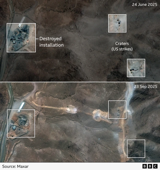 Annotated satellite images from 24 June shortly after the attacks showing craters and a destroyed installation (top) and imagery from 23 September showing what has changed including where the craters have been covered over
