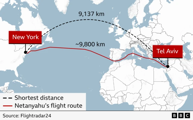 A map comparison the flight path of Netanyahu's plane with the shortest distance