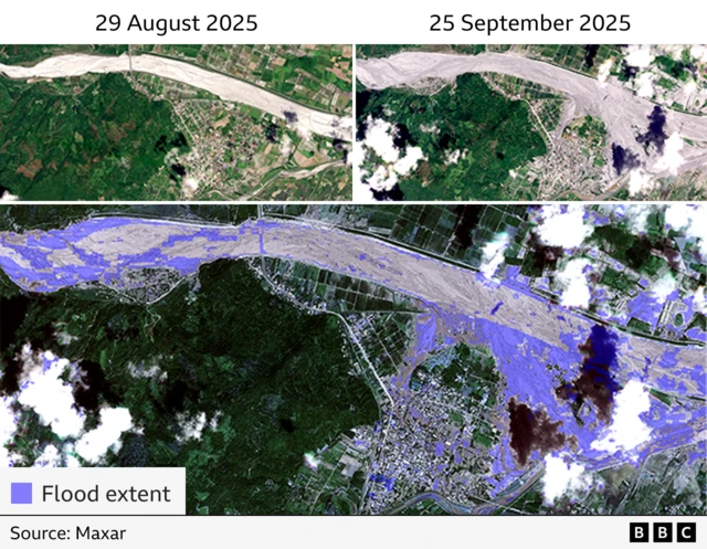 A map of the river showing the extent of the flooding highlighted in purple