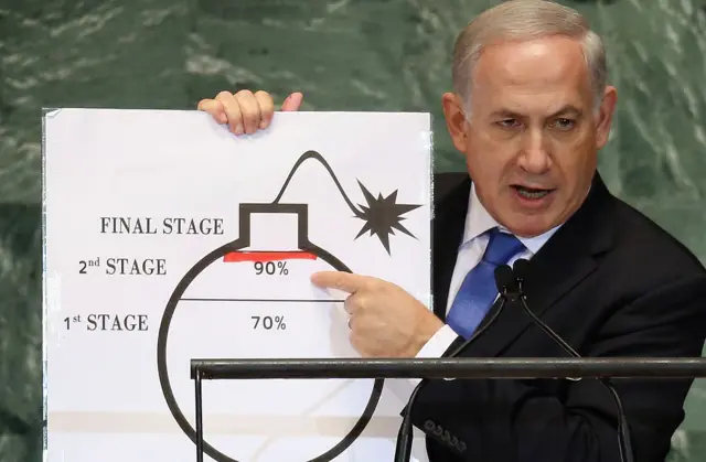 Benjamin Netanyahu, Prime Minister of Israel, points to a red line he drew on a graphic of a bomb while addressing the United Nations General Assembly