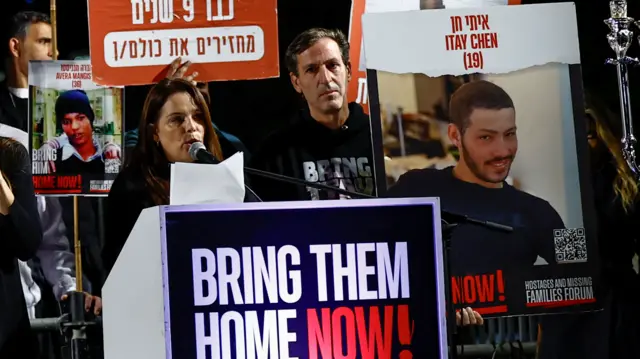 Ruby and Hagit Chen, parents of hostage Itay Chen, attend a rally in December 2023 calling for the release of their son and other hostages kidnapped on the October 7 attack