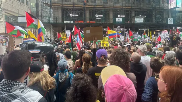 Protestors stand with flags and signs near the UN building