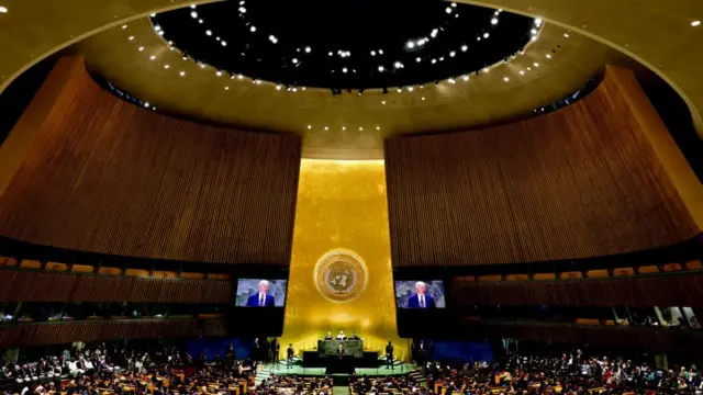 A wide shot of the interior of the UNGA hall