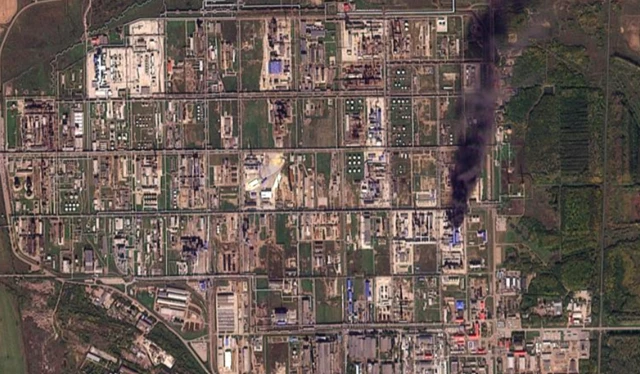 Satellite imagery captured by Planet Labs the same day shows a column of smoke rising from the Salavat refinery in Russia