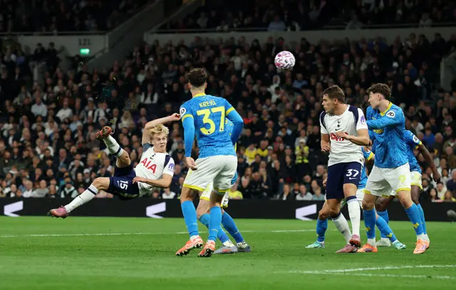 Lucas Bergvall of Tottenham Hotspur shoots