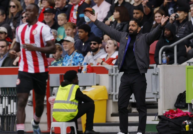 Manchester United manager Ruben Amorim reacts