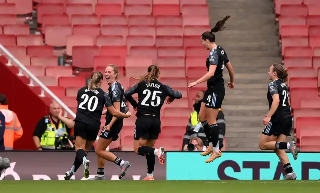 Lucy Parker of Aston Villa celebrates scoring her team's first goal with teammates during the Barclays Women's Super League match between Arsenal and Aston Villa at Emirates Stadium on September 27, 2025 in London, England.