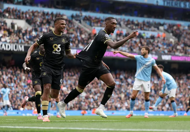 aidon Anthony of Burnley celebrates scoring his team's first goal during the Premier League match between Manchester City and Burnley at Etihad Stadium on September 27, 2025 in Manchester, England.