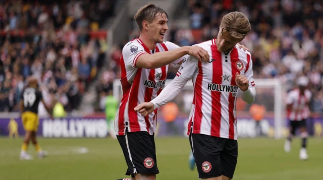 Brentford's Mathias Jensen celebrates scoring