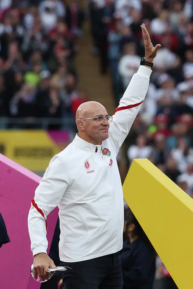 ohn Mitchell, Head Coach of England, celebrates as he collects the Coach of the Year