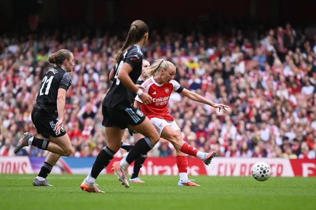 Frida Maanum of Arsenal scores her team's first goal during the Barclays Women's Super League match between Arsenal and Aston Villa at Emirates Stadium on September 27, 2025 in London, England.