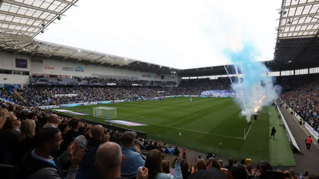 Pyrotechnics as the teams walk out at Coventry Building Society Arena, Coventry