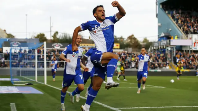 Fabrizio Cavegn celebrates scoring for Bristol Rovers