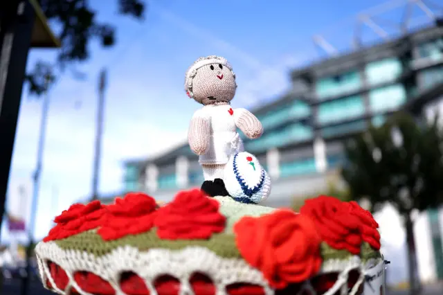 A picture of knitted red rose payer and a ball