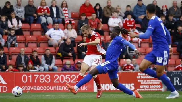 Aaron Drinan scores for Swindon against Bromley